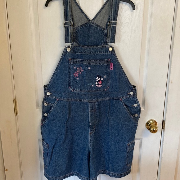 Disney Denim - Disney Denim Short Overalls with Mickey & Floral Embroidery